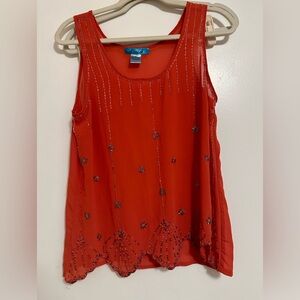 Sheer red orange tunic with embellishments